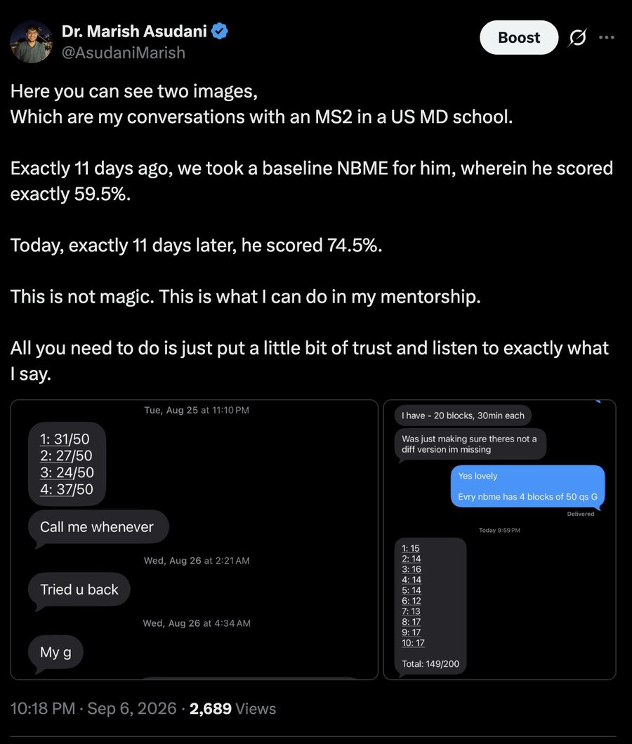 Tweet by Dr. Marish Asudani on Sep 6, 2026: exactly 11 days ago we took a baseline NBME where he scored 59.5%; today he scored 74.5%. Attached chat screenshots show his baseline block scores of 31, 27, 24 and 37 out of 50, and his block scores from that day.