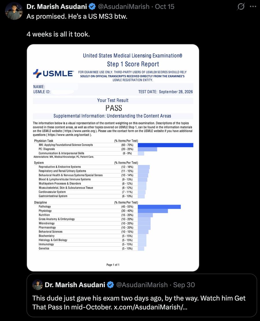 Tweet by Dr. Marish Asudani on Oct 15, 2026: as promised, he is a US MS3, 4 weeks is all it took. Attached is his USMLE Step 1 score report with test date September 28, 2026 and the result PASS. The name and USMLE ID are hidden.