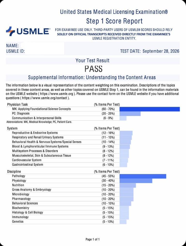 USMLE Step 1 score report, test date September 28, 2026, Your Test Result: PASS. The name and USMLE ID are hidden.