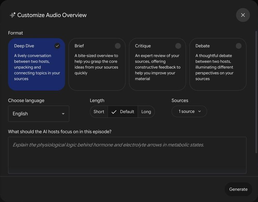 Step 3: Audio Overview. Deep Dive is the default, then Generate.