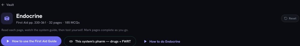Endocrine in the First Aid Guide on usmlevault.com: its First Aid pages, MCQ count, the micro and pharm pills it has, and the How to do Endocrine video.