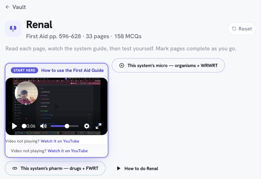 Renal in the First Aid Guide: the micro and pharm pills at the top, the system video under START HERE.