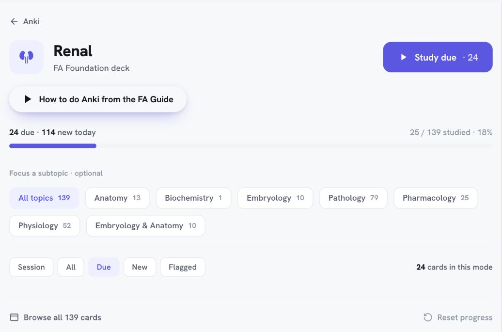 The renal FA Foundation Anki deck in the Vault, the same deck you open on your phone.